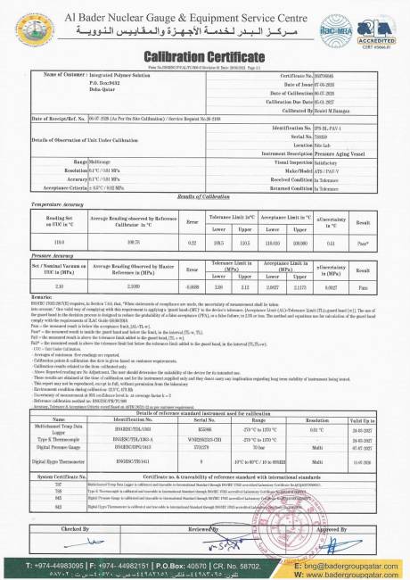 Laboratory Calibration Certificate: Pressure Aging Vessel (IPS-BL-PAV-1)