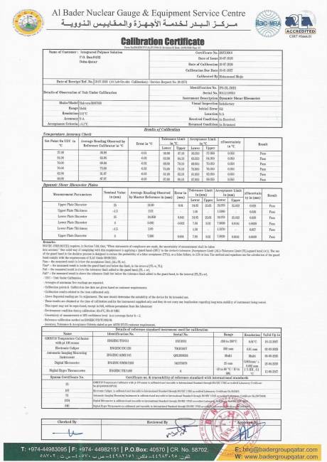 Laboratory Calibration Certificate: Dynamic Shear Rheometer (IPS-BL-DSR1)