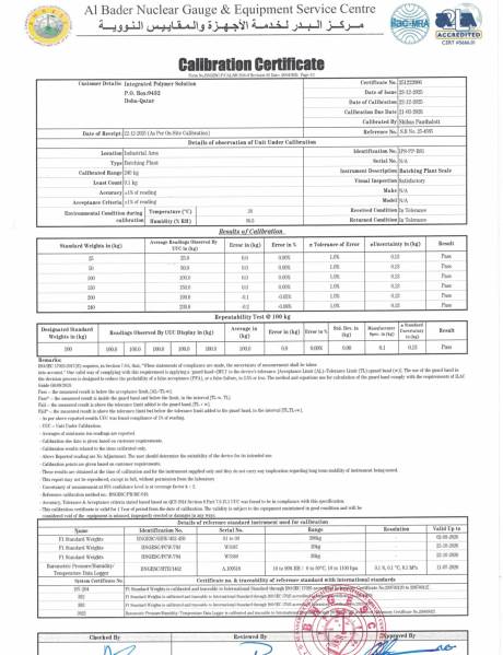 Plant Calibration Certificate: Batching Plant Scale &ndash; BS1 (IPS-PP-BS1)