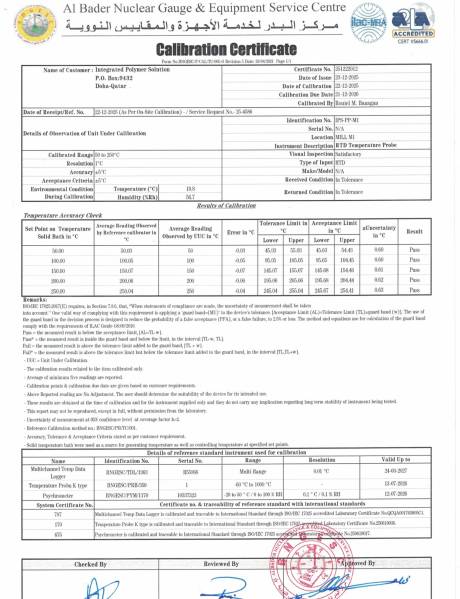 Plant Calibration Certificate: RTD Probe &ndash; Mill M1 (IPS-PP-M1)