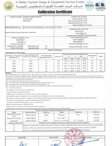 Plant Calibration Certificate: RTD Probe &ndash; Mill M1 (IPS-PP-MT2)